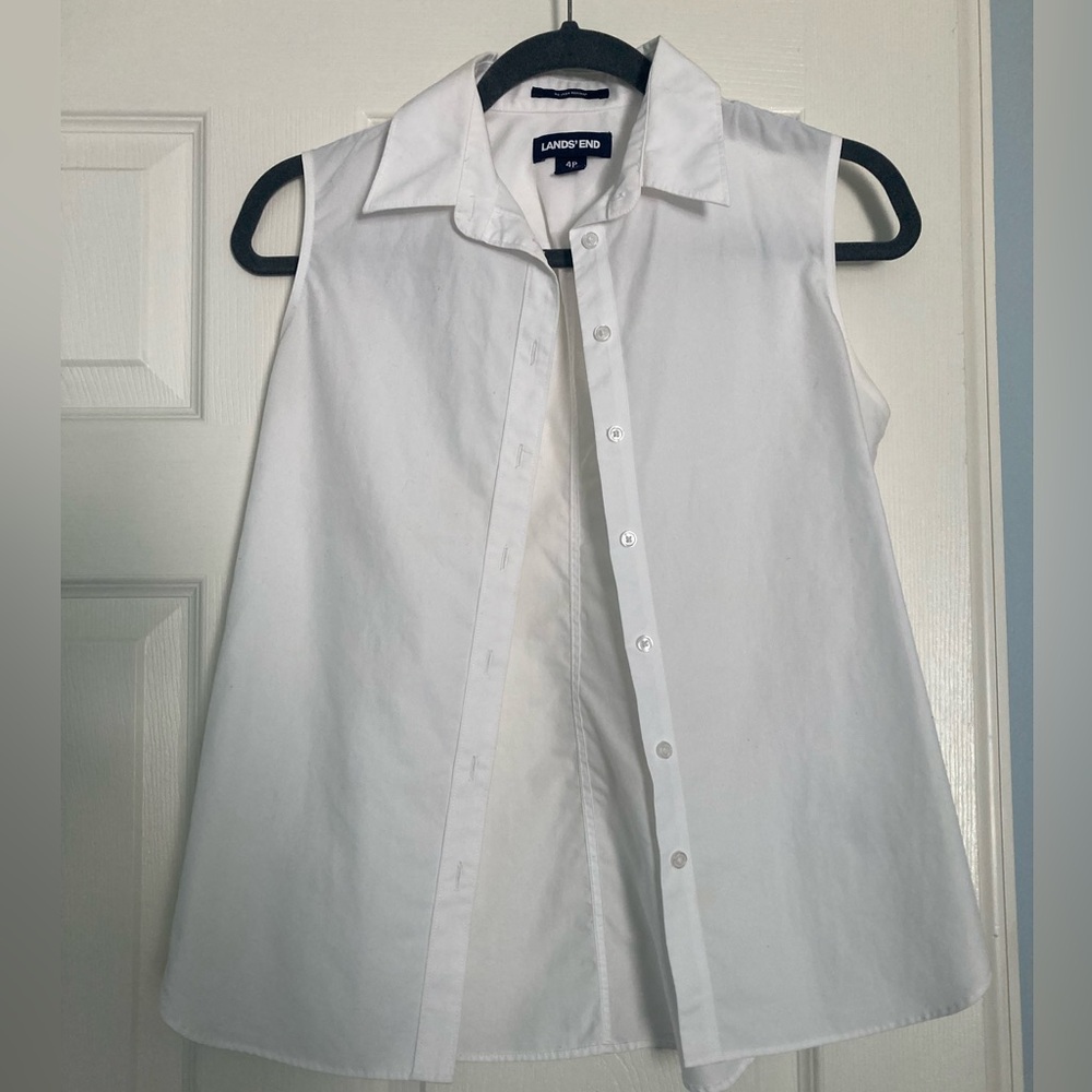 Lands' End White Button-Up Blouse with Navy Label